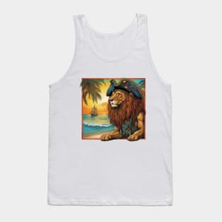 Lion with a Pirate hat  on a Tropical Beach Tank Top